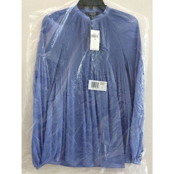 Lauren Ralph Lauren Women's Sz S Light Blue Pleated Georgette L/S Blouse $135 - Picture 1 of 5